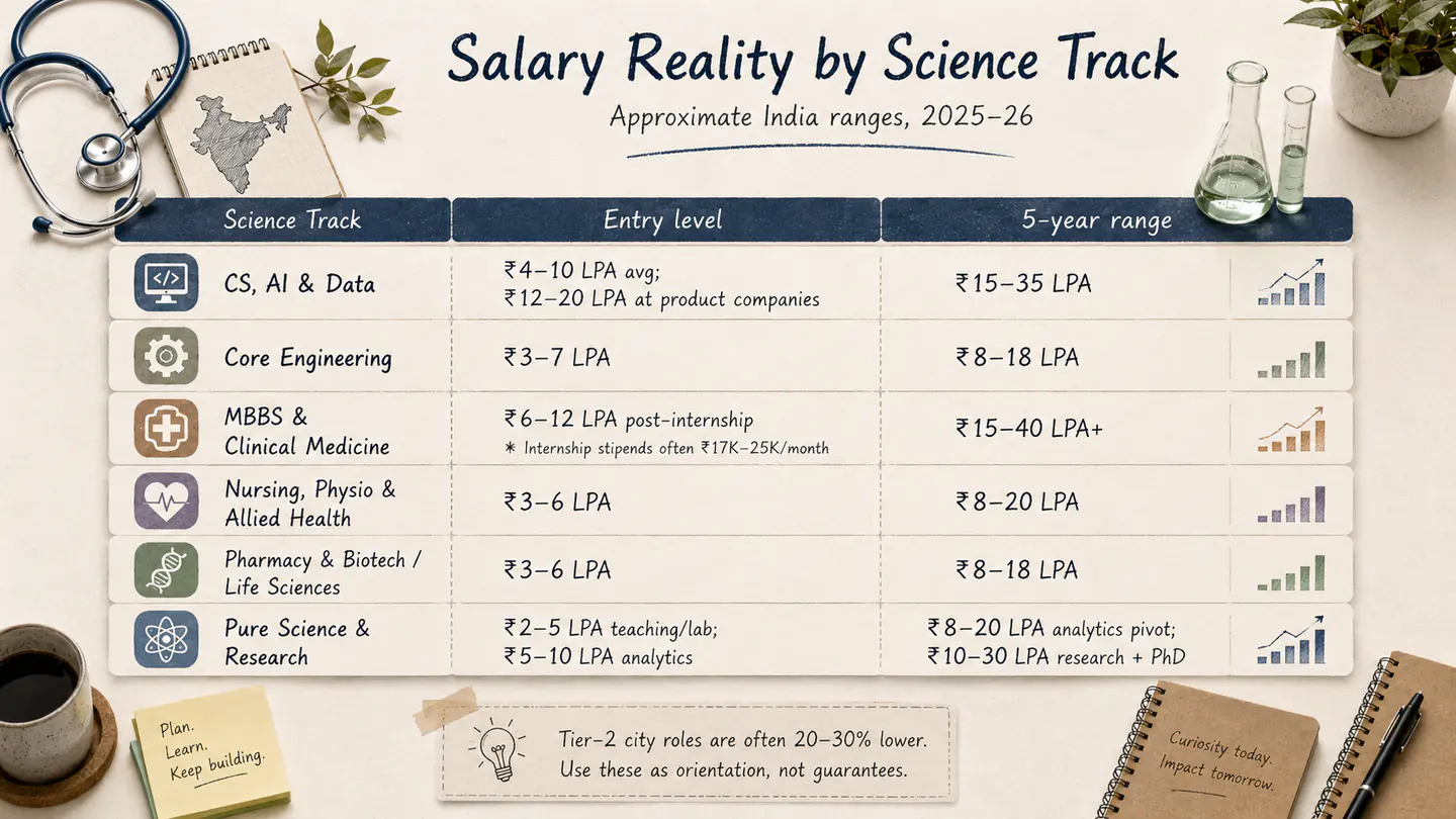 Comparison of entry-level and five-year salary ranges across six science career tracks in India.
