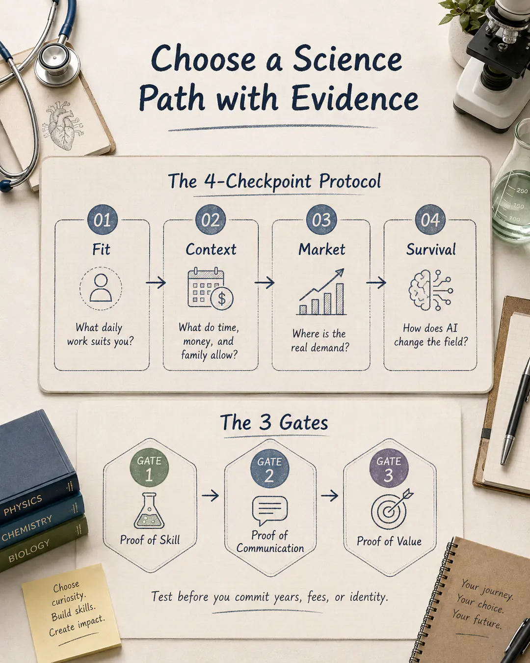 Science career decision framework with four checkpoints and three proof gates.