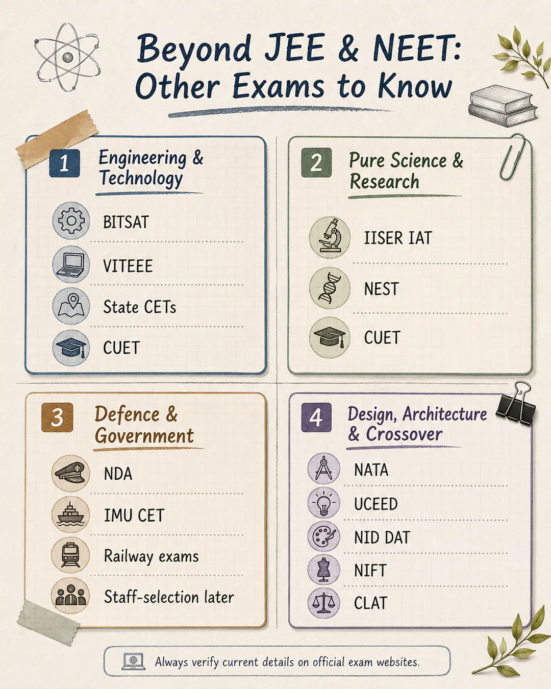 Entrance exams beyond JEE and NEET grouped into engineering, research, defence, government, design, and law routes.