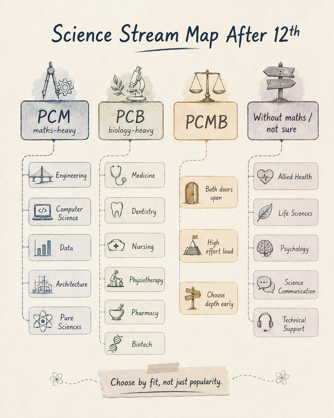 Science stream map comparing PCM, PCB, PCMB, and options without mathematics after Class 12.