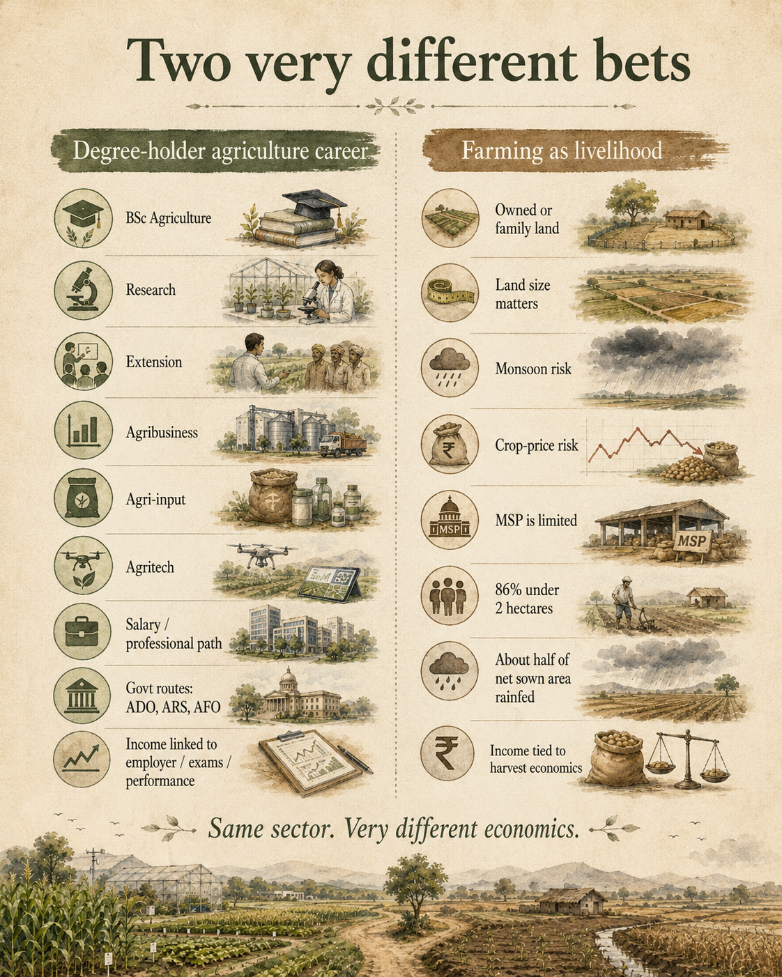 Infographic comparing a degree-holder agriculture career with farming as a livelihood in India.