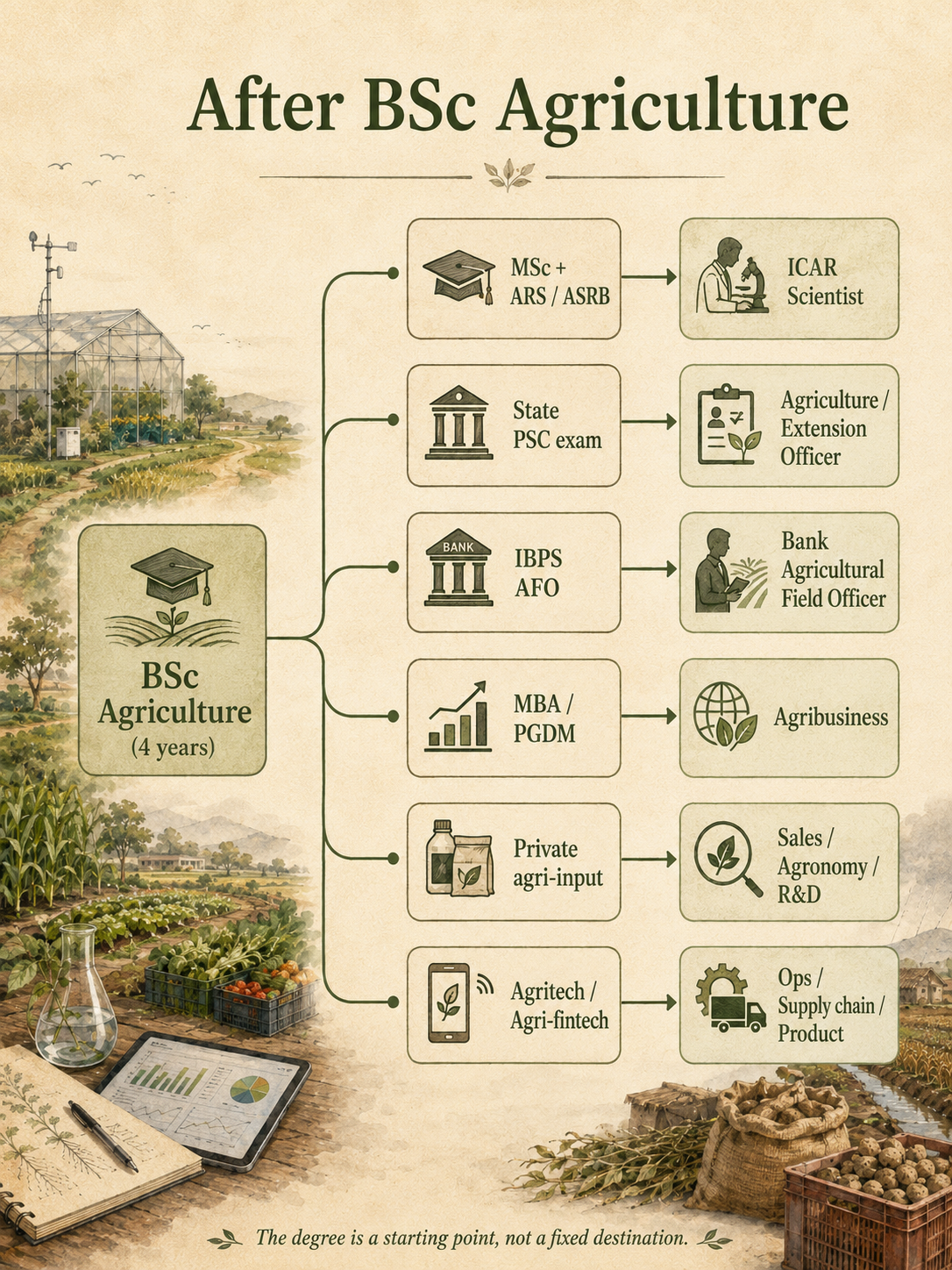 Flowchart showing six career options after a BSc Agriculture degree in India.