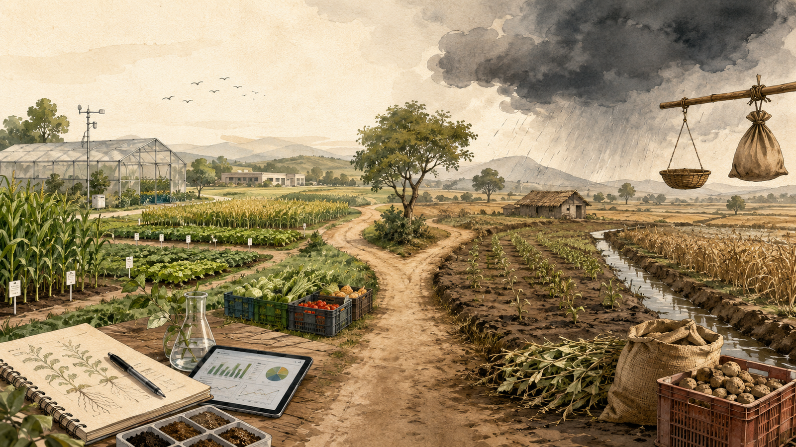 Editorial illustration contrasting a modern agriculture career with the economic realities of farming in India.