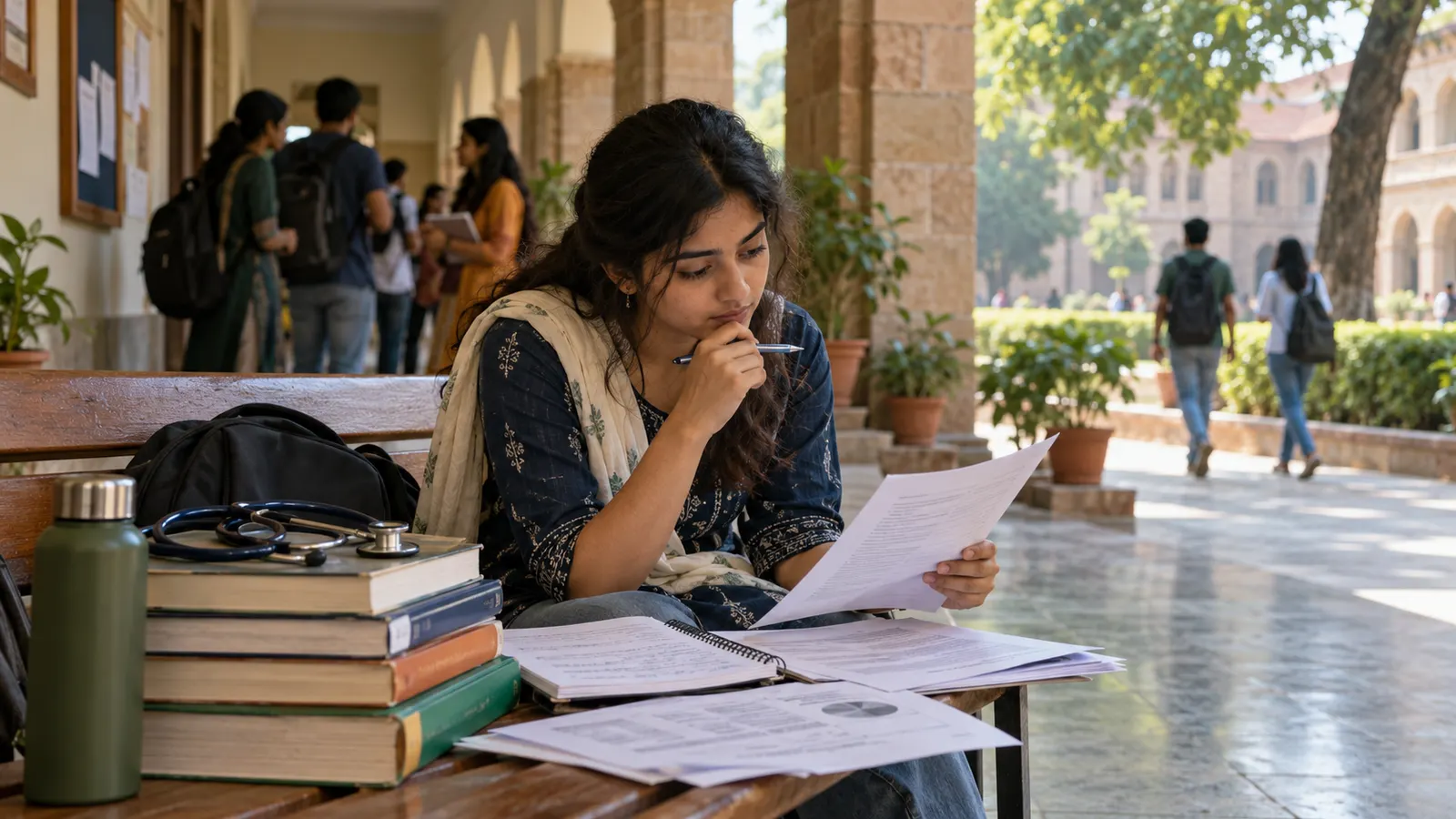 Indian student comparing a notebook, fee sheet and career papers on a college corridor bench beside study books and a stethoscope while weighing humanities career paths.