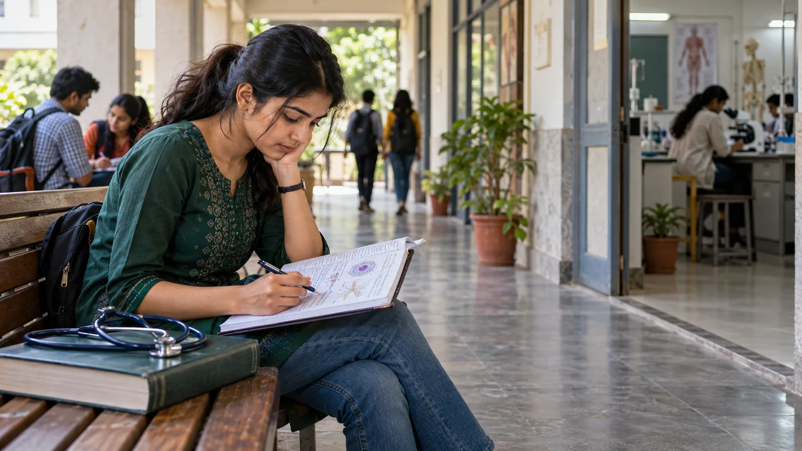 Indian life-science student studies biology notes beside a stethoscope on a college corridor bench outside a teaching laboratory