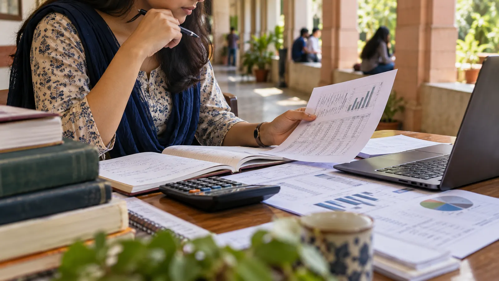 A finance student comparing CA, CMA and CFA study materials at a desk