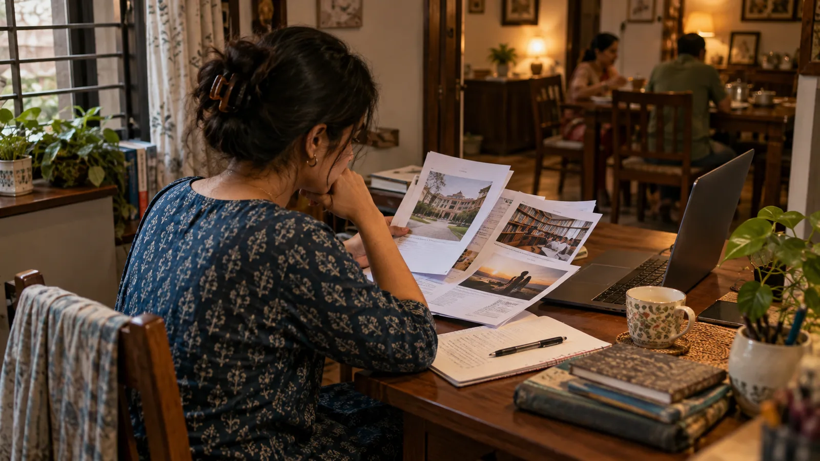 Indian English literature graduate comparing course and job information at a home desk beside a family dining room