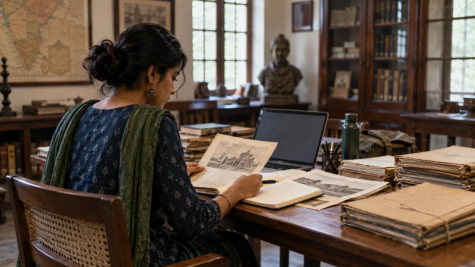 Indian history graduate reviewing archival papers and career information in a quiet archive-style reading room