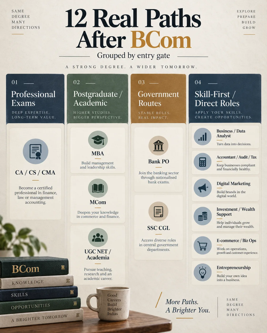 Visual map of twelve career paths available after BCom in India.