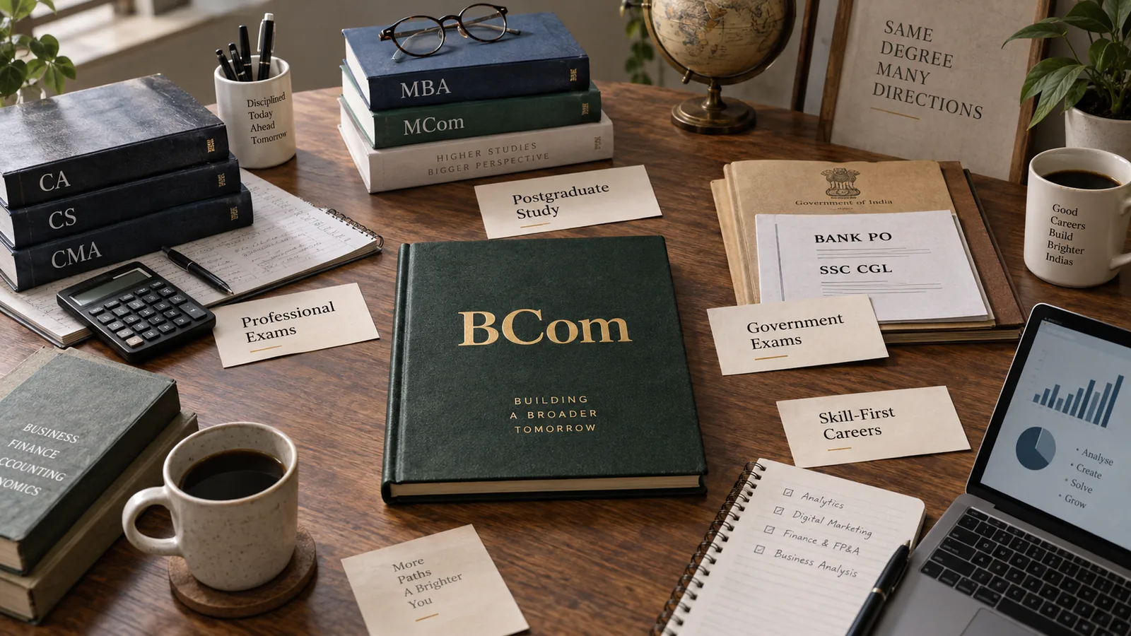 Editorial illustration showing career paths after completing a BCom degree in India.
