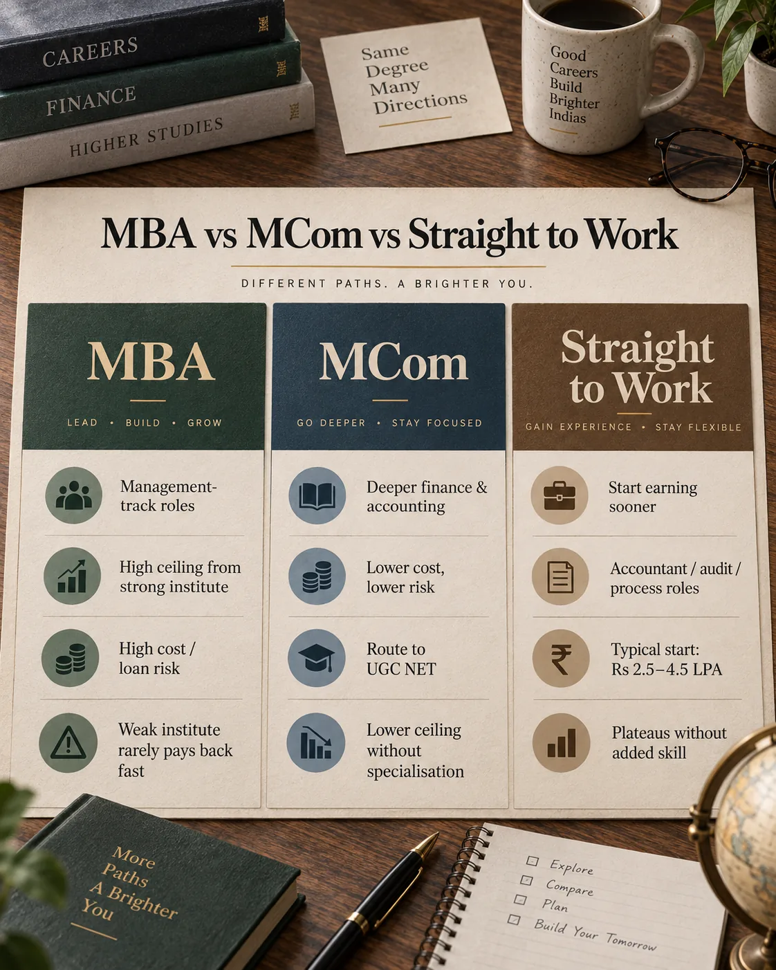 Comparison of MBA, MCom, and going straight to work after BCom.