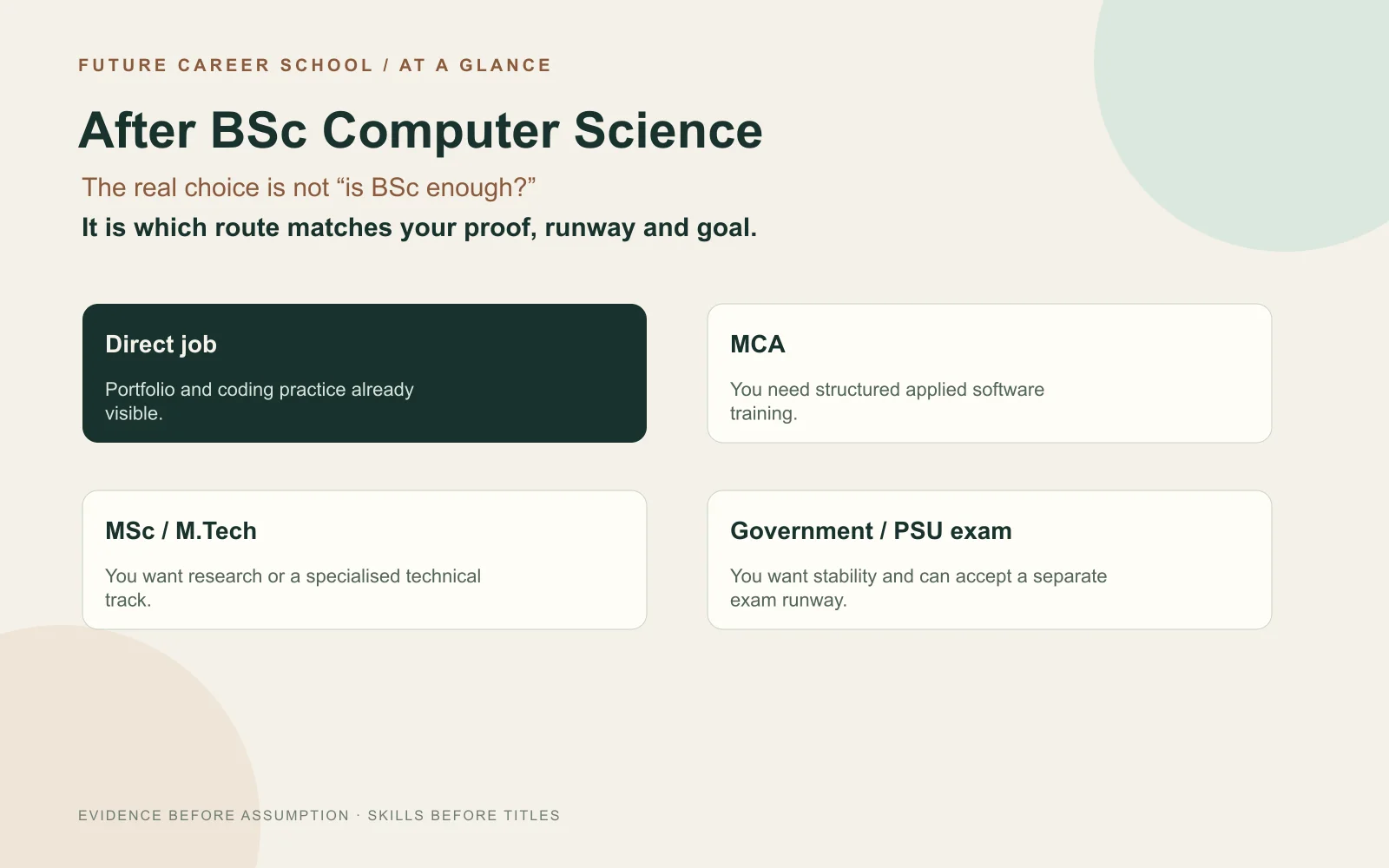 At-a-glance map of direct job, MCA, MSc or M.Tech, and government exam routes after BSc Computer Science