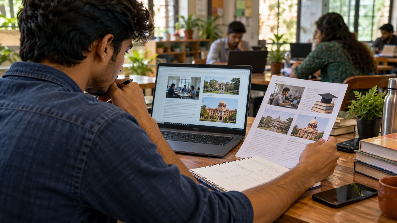 Indian BSc Computer Science graduate comparing job and postgraduate options in a shared neighbourhood workspace