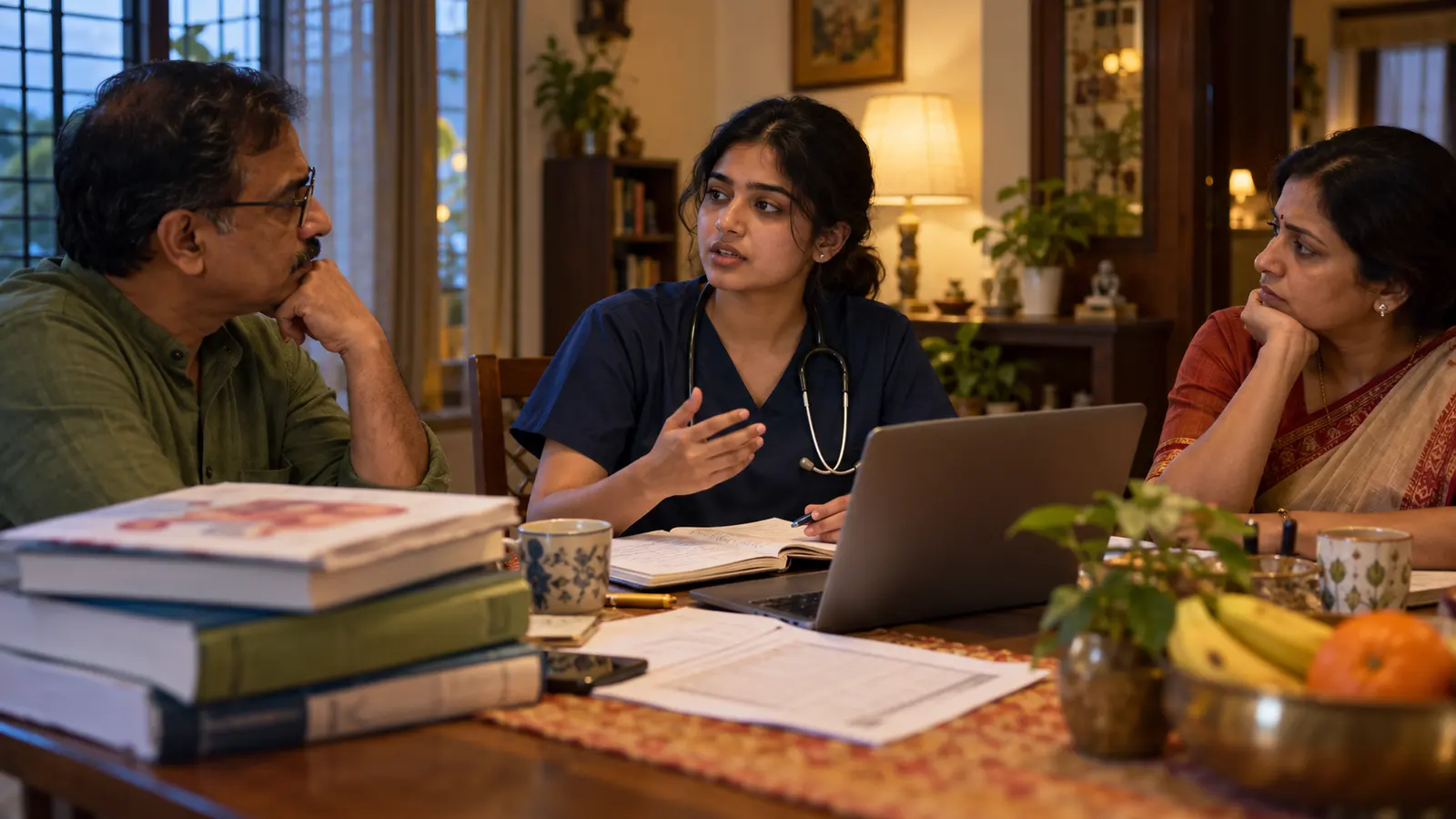 Indian medical graduate weighing non-clinical career options at a family dining table with a stethoscope, medical books and notebook