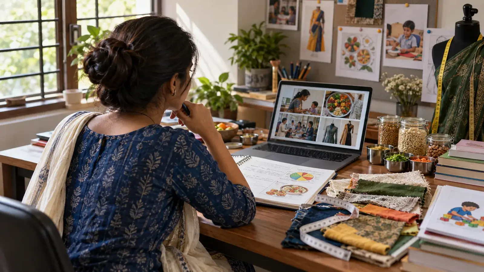 An Indian home-science student compares nutrition, textile, food and child-development materials at a bright desk with a laptop