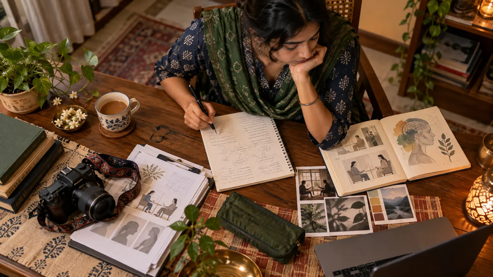 Indian psychology student or young adult reviewing case notes, sketchbook and UX samples at a home desk