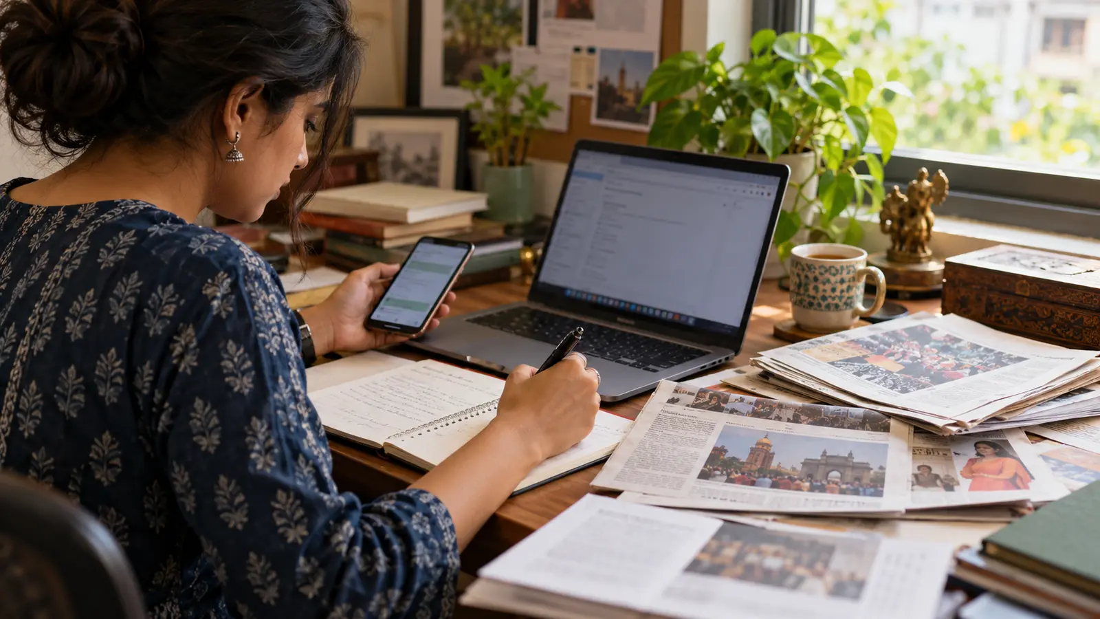 An Indian communications professional drafts a message at a bright desk with a laptop, phone, notebook and press clippings, reflecting on a PR career