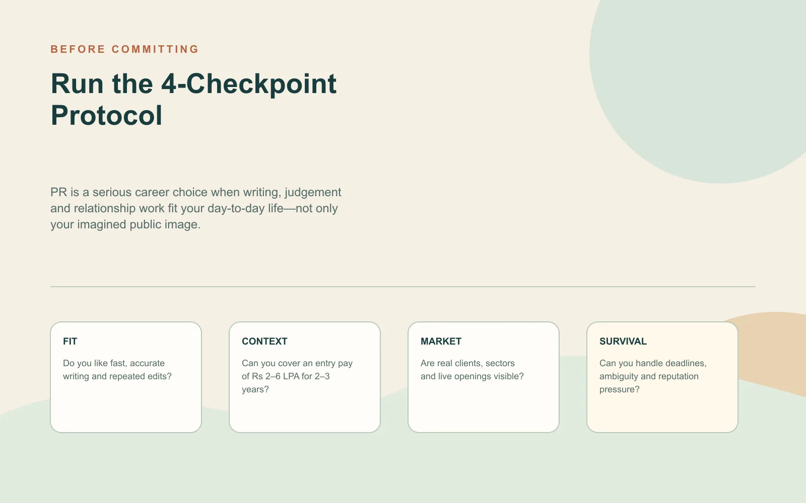Self-assessment checklist for PR fit, entry-pay context, market demand and the ability to survive deadline and reputation pressure