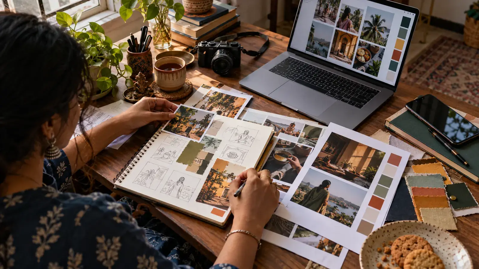 Indian social-media professional arranges campaign sketches, photographs and colour swatches beside a camera and laptop at a sunlit home workspace
