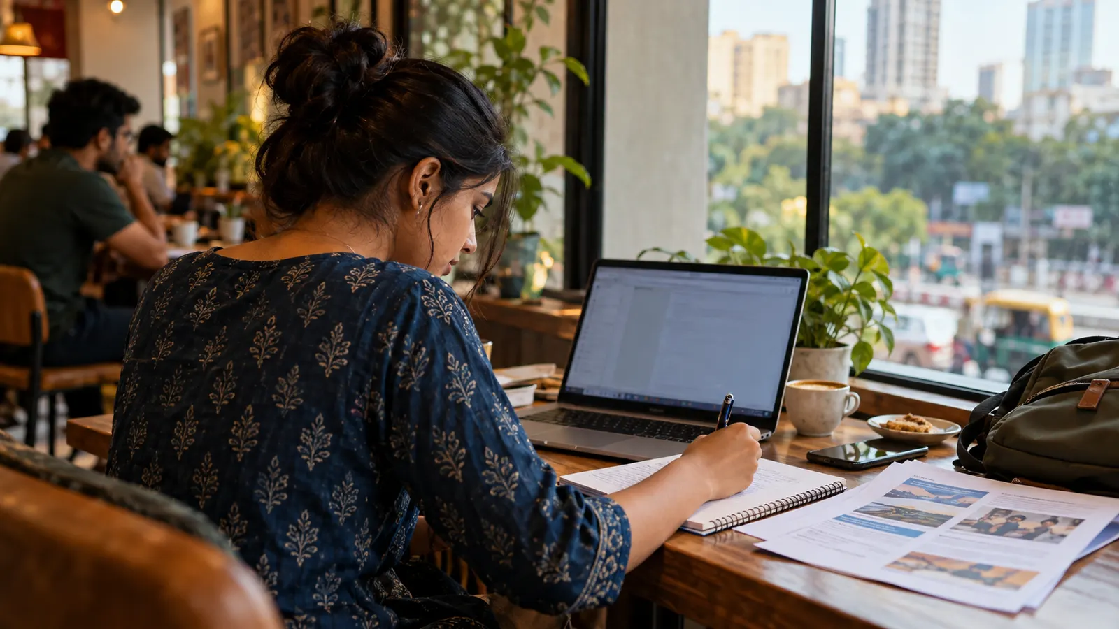 Recent Indian computer science graduate preparing a targeted job application at a neighbourhood cafe, with a laptop, notebook and course notes on the table