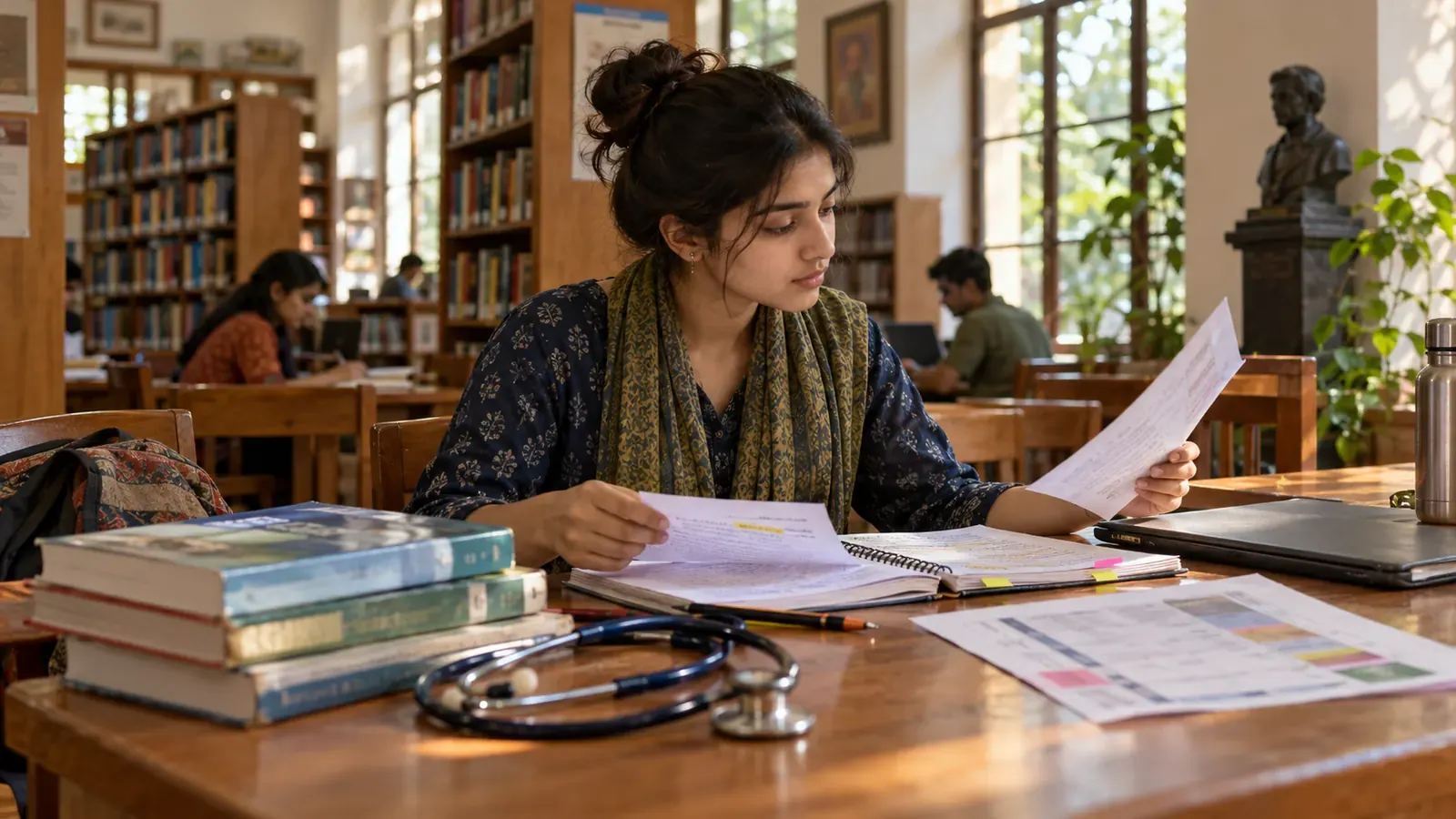 Indian postgraduate reviewing course and job information at a library table, reflecting the choice between academic, public-service, teaching, and corporate routes after an MA