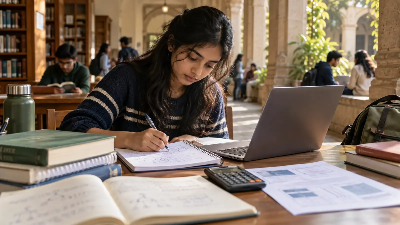 Indian computer science student working in a sunlit library with a laptop, notebook, and technical study materials, representing the many career tracks beyond software development