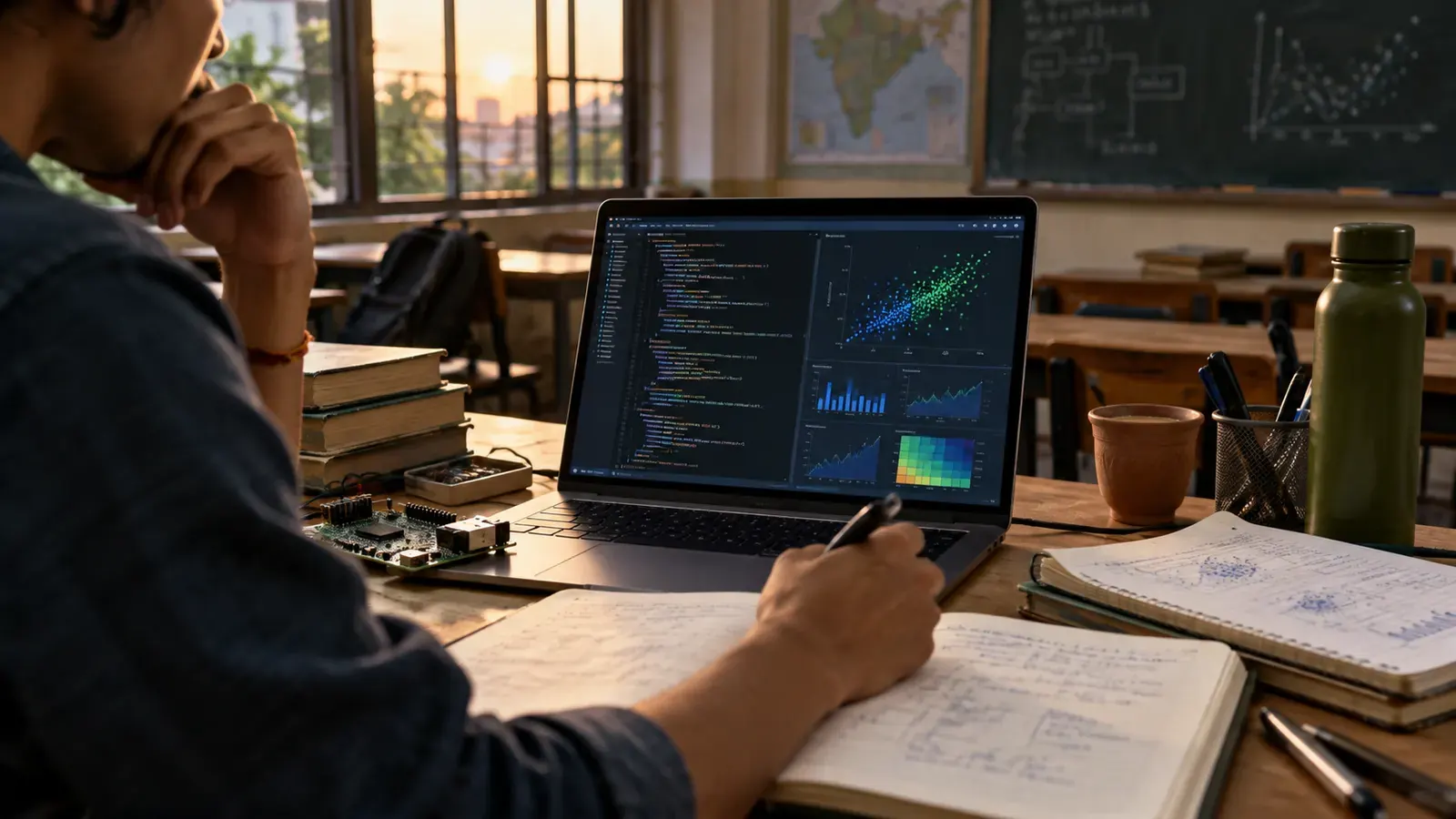 Indian engineering student studying code and data beside a circuit board in a classroom workspace, representing the technical and eligibility routes opened by a CSE degree