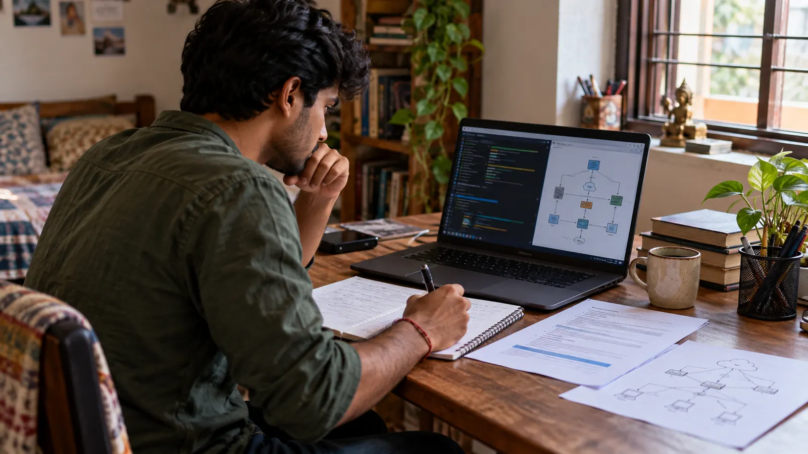 Indian learner building a deployment workflow on a laptop beside a handwritten network sketch and job notes