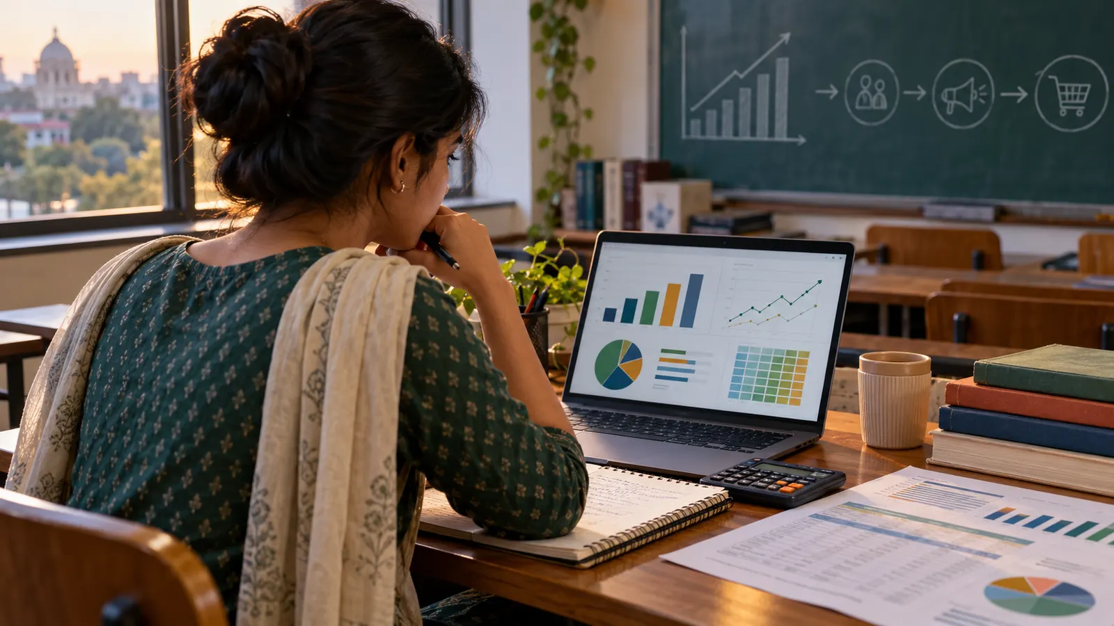Indian commerce student working at a classroom desk with a laptop, calculator, spreadsheet notes and campaign dashboard, connecting commerce skills to digital marketing