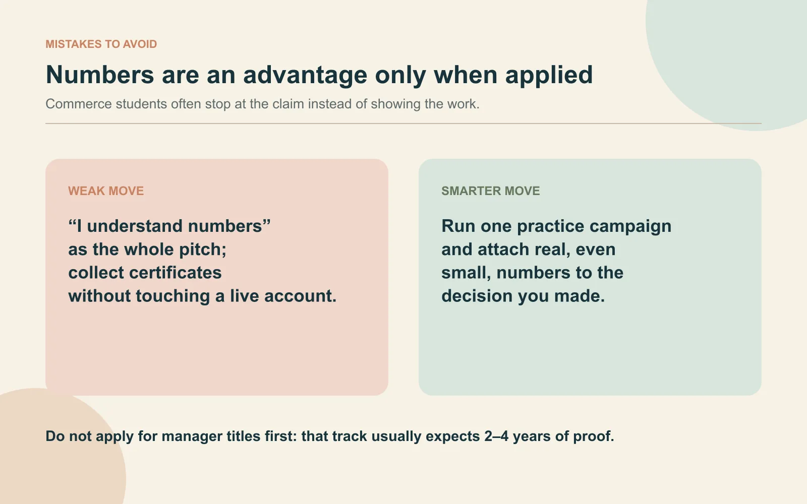 Mistakes versus smarter move panel comparing a claim of understanding numbers and certificate collection with a practice campaign backed by real results