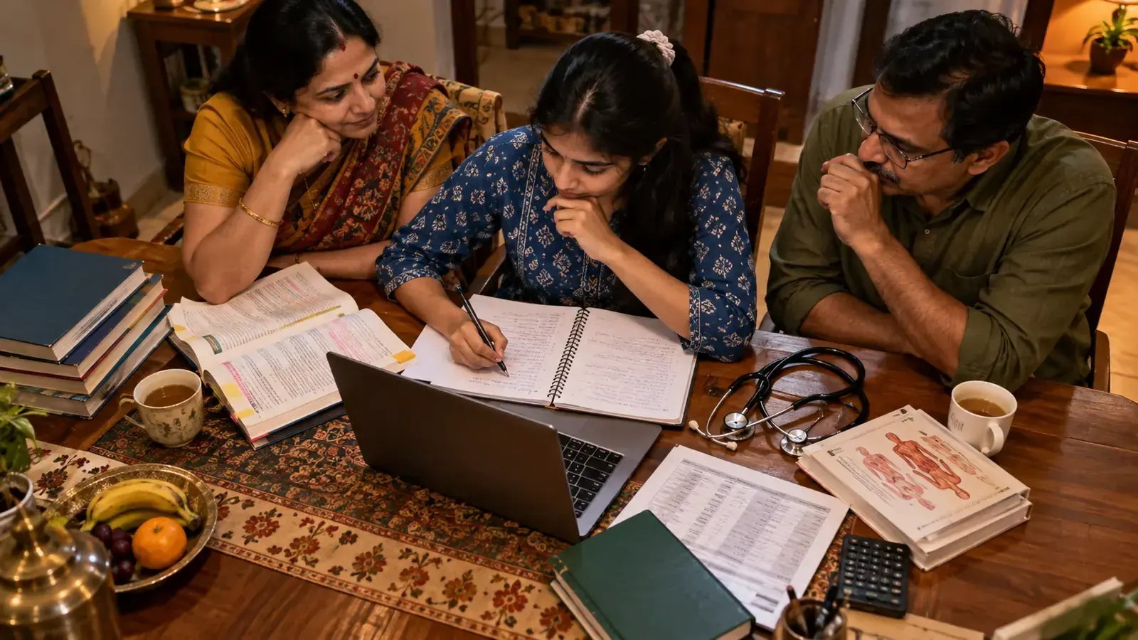 Indian student reviewing an online business idea with family members at a home table