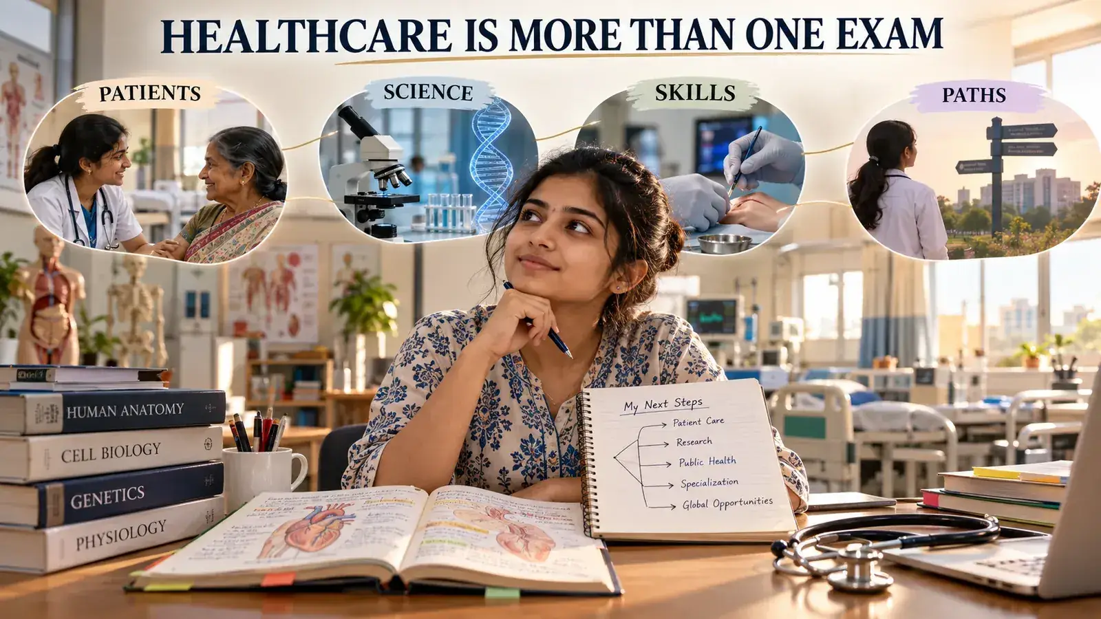 Indian health-science aspirant reviewing allied-health course notes beside a laptop