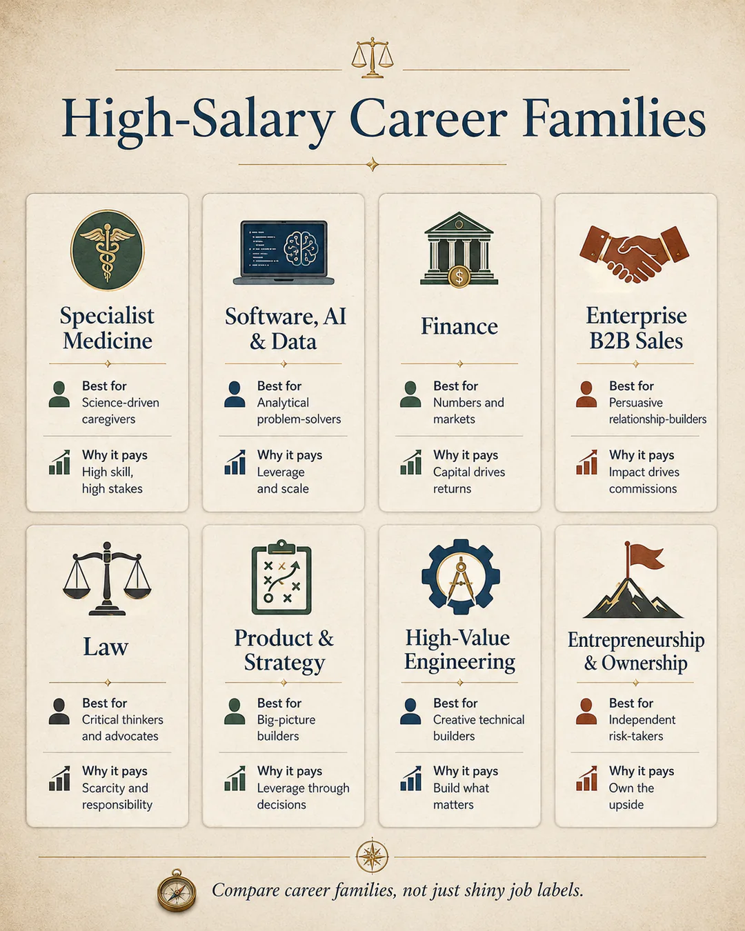Comparison of eight high-salary career families and the work styles and pay engines behind them.
