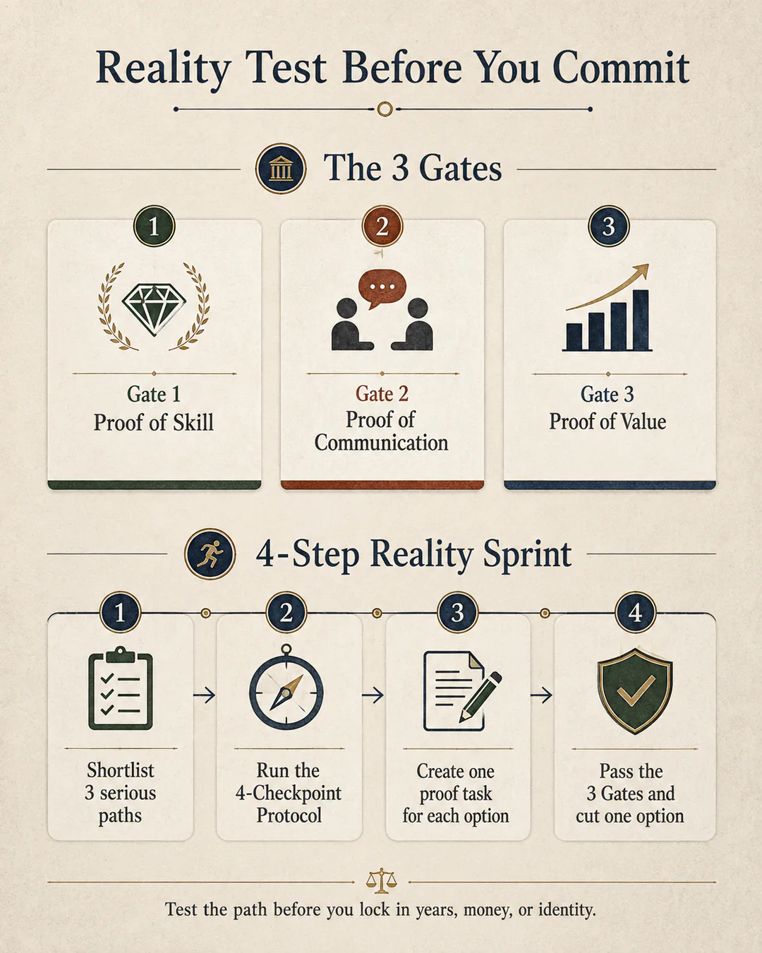 Reality-test infographic combining proof of skill, communication, and value with a four-step career sprint.