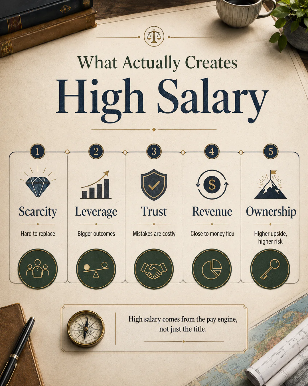 Infographic showing scarcity, leverage, trust, revenue impact, and ownership as five engines of high salary.