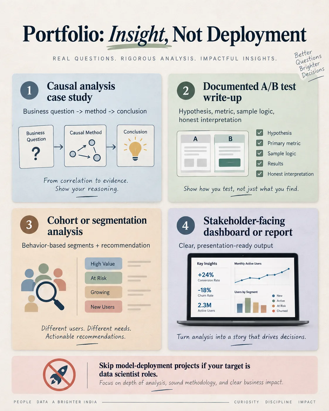 Four data scientist portfolio projects focused on causal analysis, A/B testing, segmentation, and stakeholder reporting