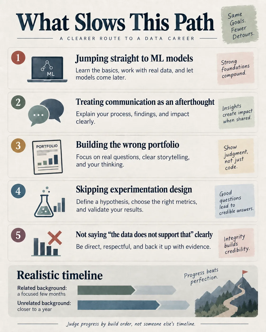 Infographic showing common data science roadmap mistakes and realistic timelines for related and unrelated backgrounds