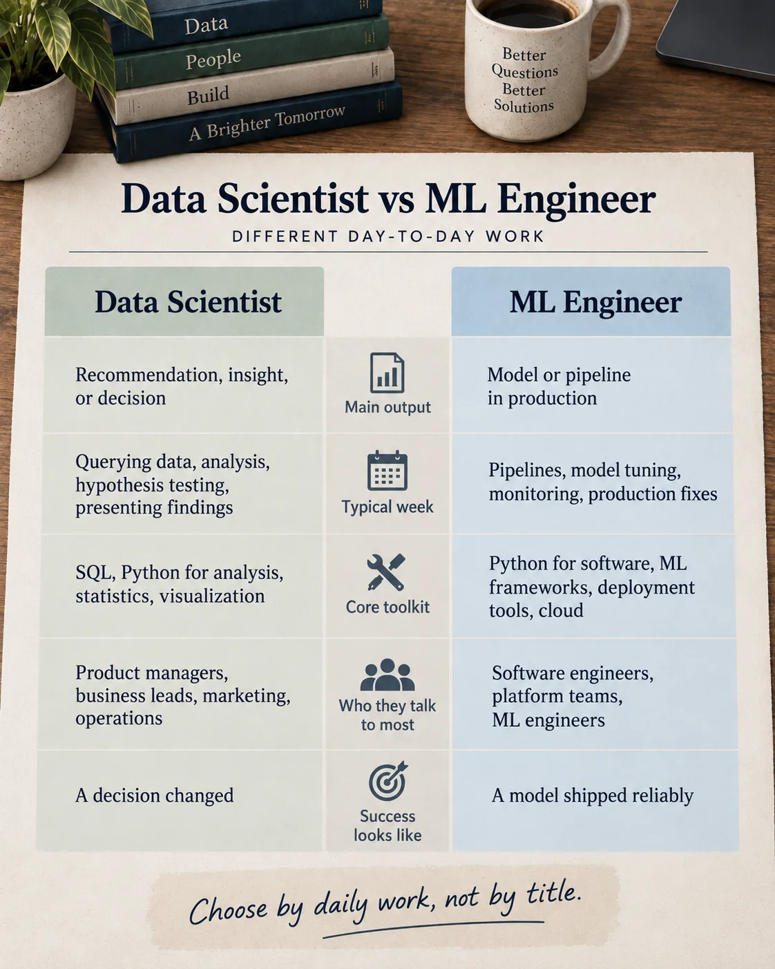 Side-by-side comparison of data scientist and machine learning engineer daily work, tools, collaborators, and outputs