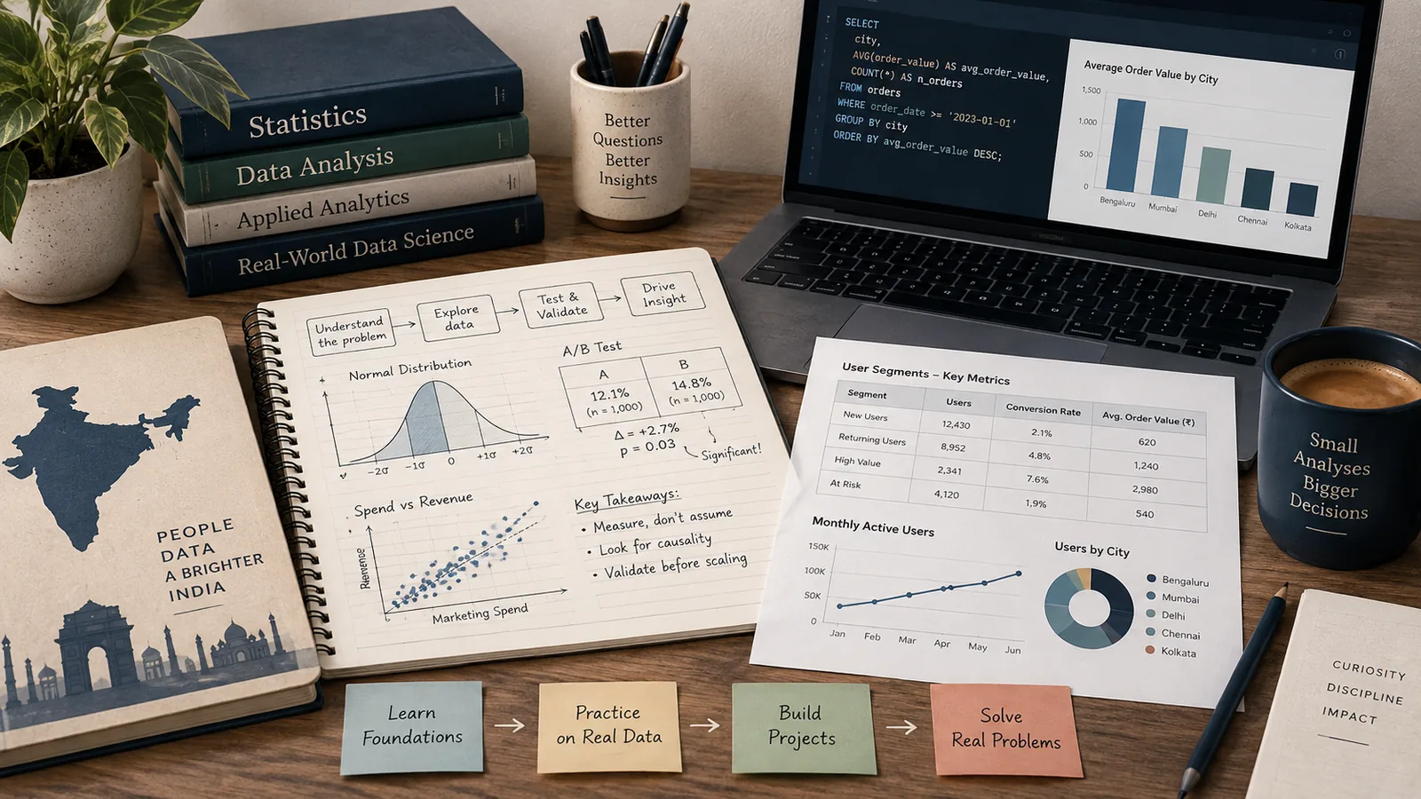 Editorial illustration of a data scientist using SQL, statistics, experiments, and analysis to turn data into decisions