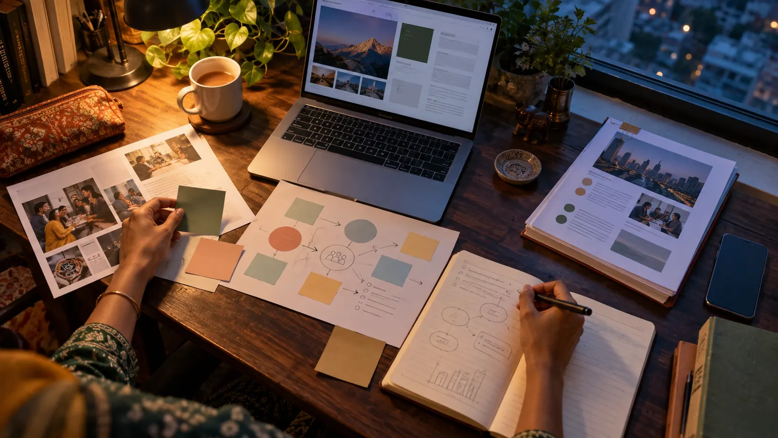 A working Indian professional arranges a laptop, product sketch, customer notes and paper cards on a home desk after office hours, illustrating a non-technical route into product management.