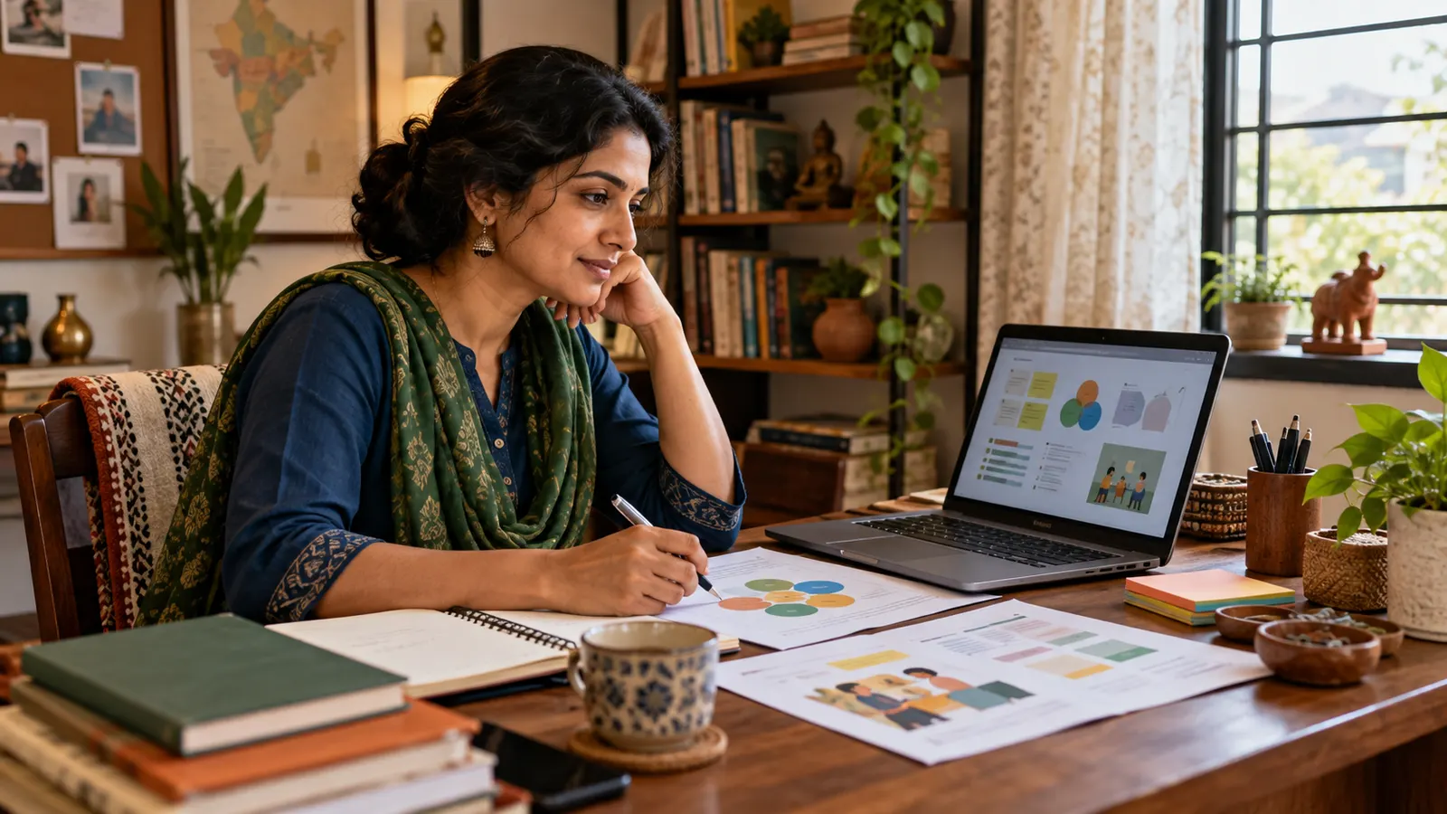 Indian adult educator planning a training session at a home study desk with a laptop, notebook and teaching materials