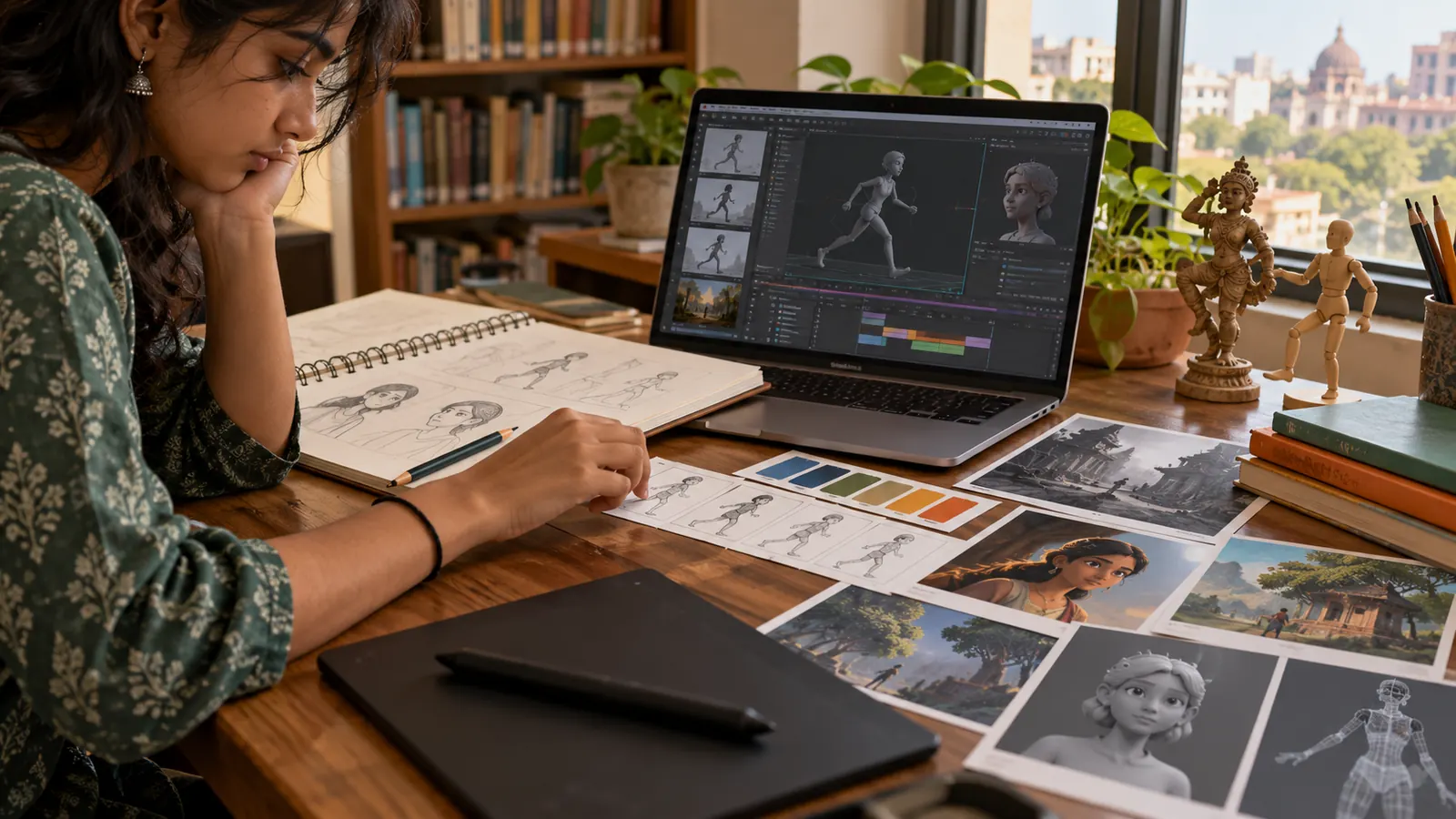 An Indian animation learner studies character sketches, color swatches and a laptop animation workspace at a naturally lit desk, comparing 2D, 3D, motion, VFX and game-animation directions.