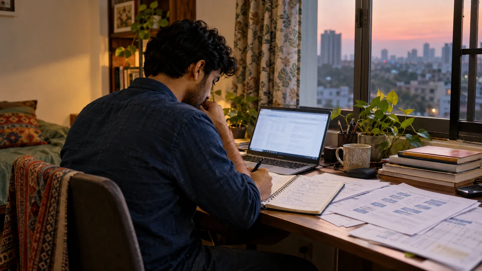 Indian working professional reviewing process notes and a laptop at a home desk after work