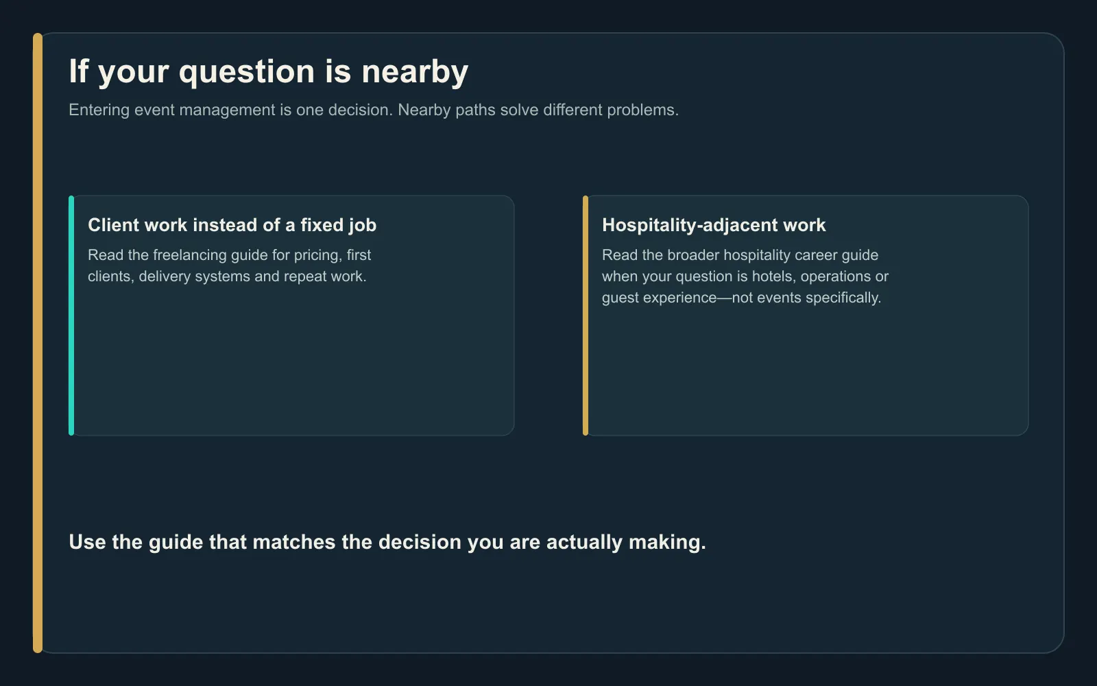 Asymmetrical comparison for nearby career questions: event management, freelance client work and broader hospitality or operations paths.