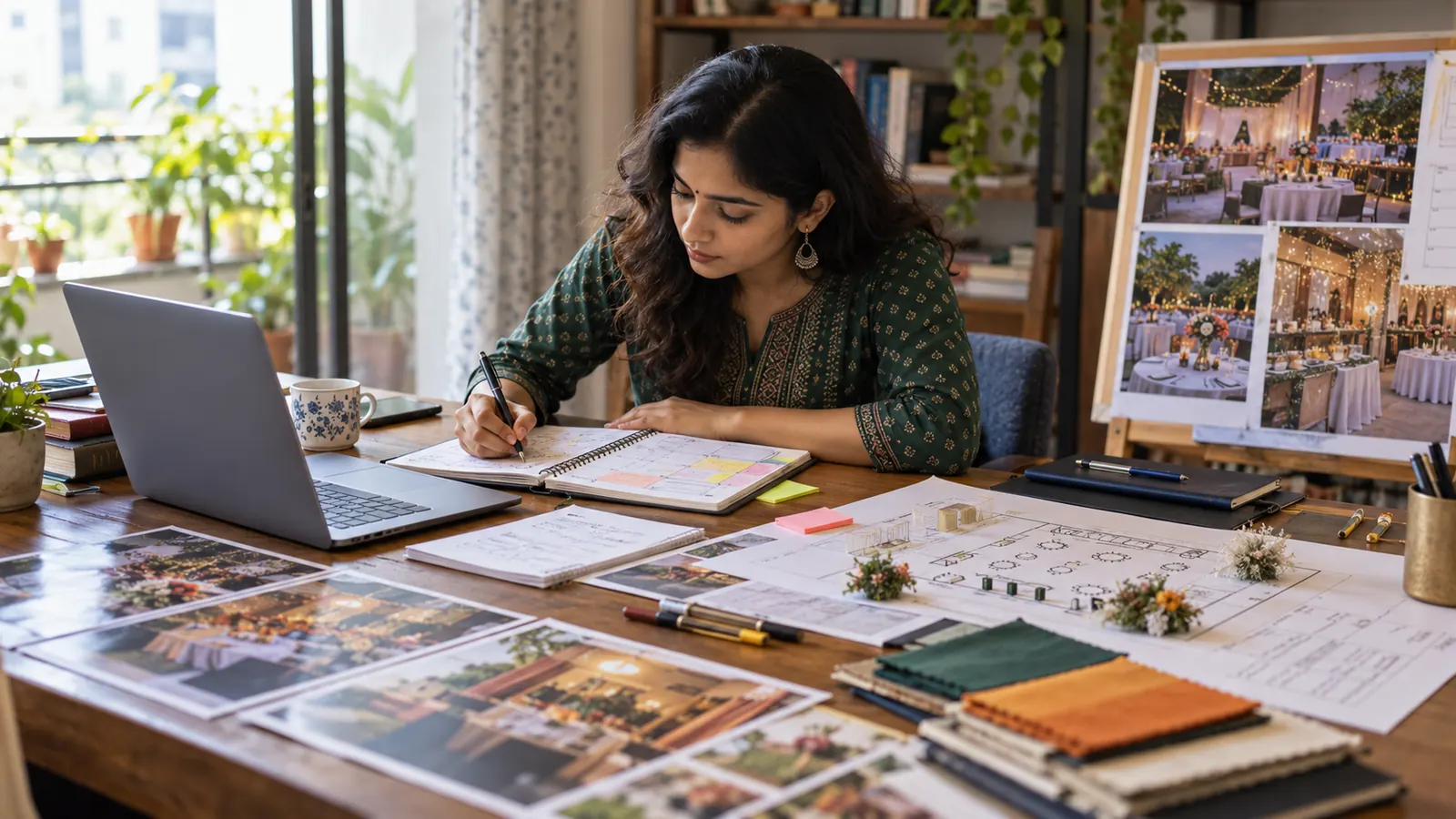 An Indian event-management learner plans a real event at a sunlit desk with a laptop, venue floor plan, vendor notes, budget papers and a mood board.