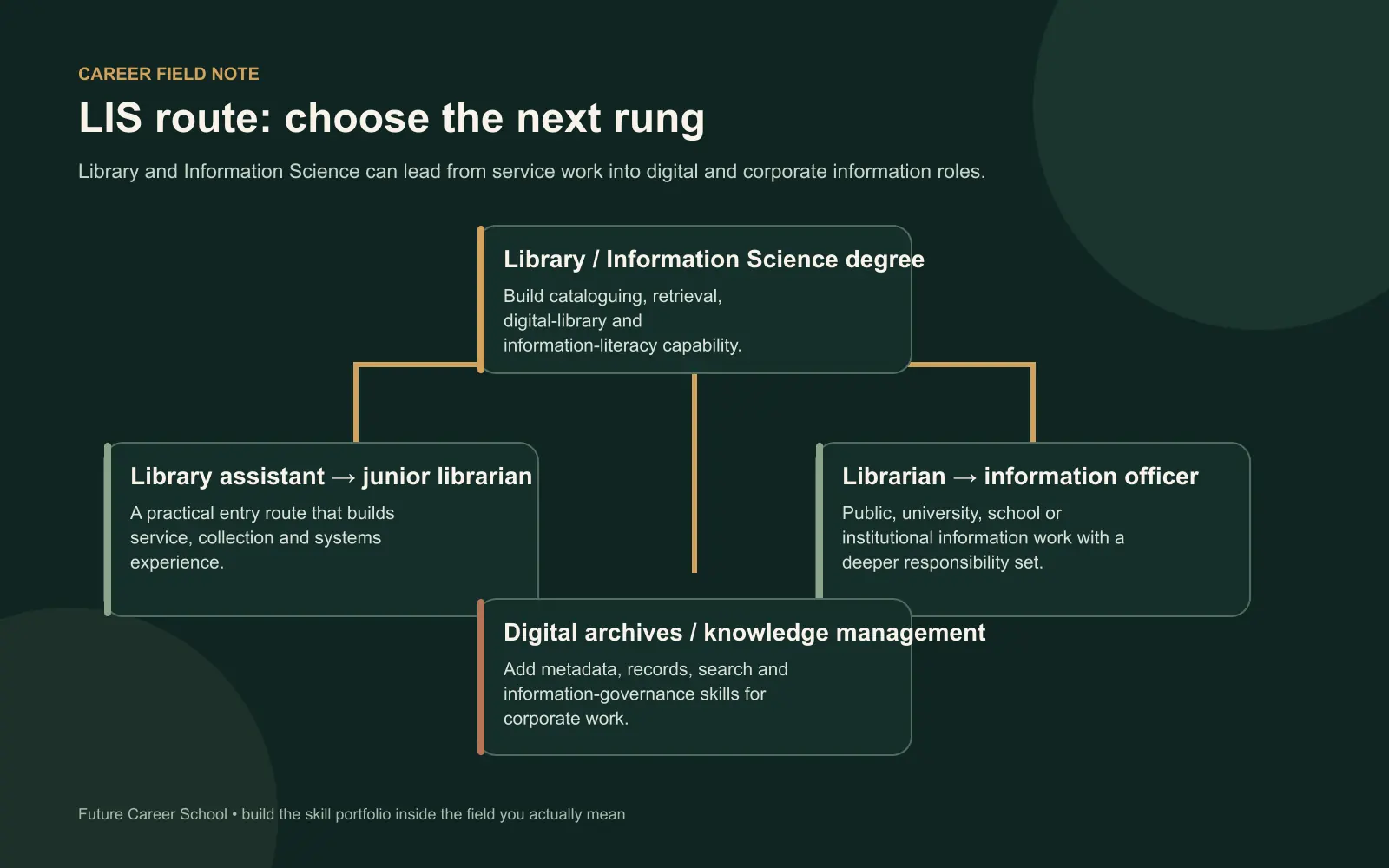 Decision tree showing Library and Information Science routes from the degree to library, information officer, digital archive and knowledge management work