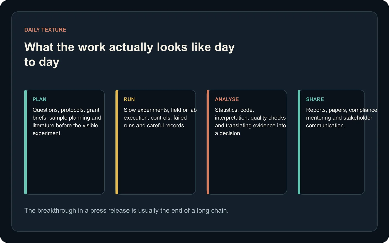 What the work actually looks like day to day Chronological timeline from planning and running life-science work through analysis and communication