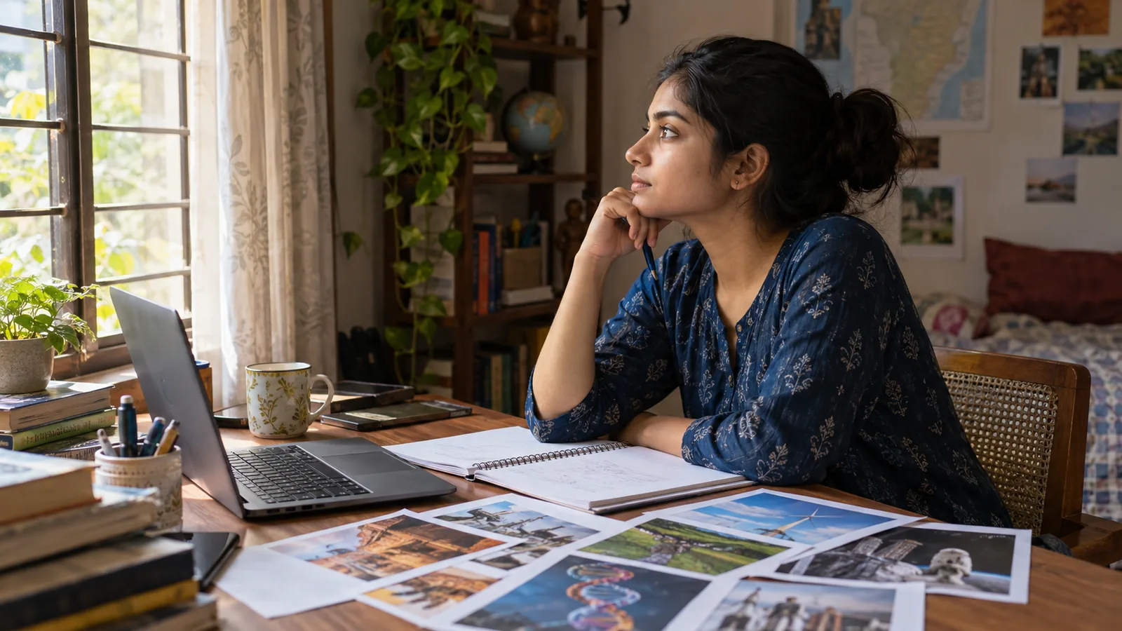 Indian learner weighing math and science career paths at a naturally lit home study desk