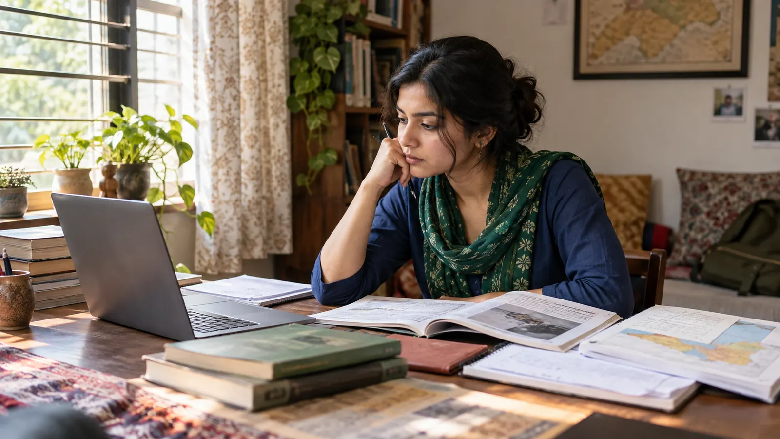 Indian student comparing political science career notes and public-affairs reading at a home study desk