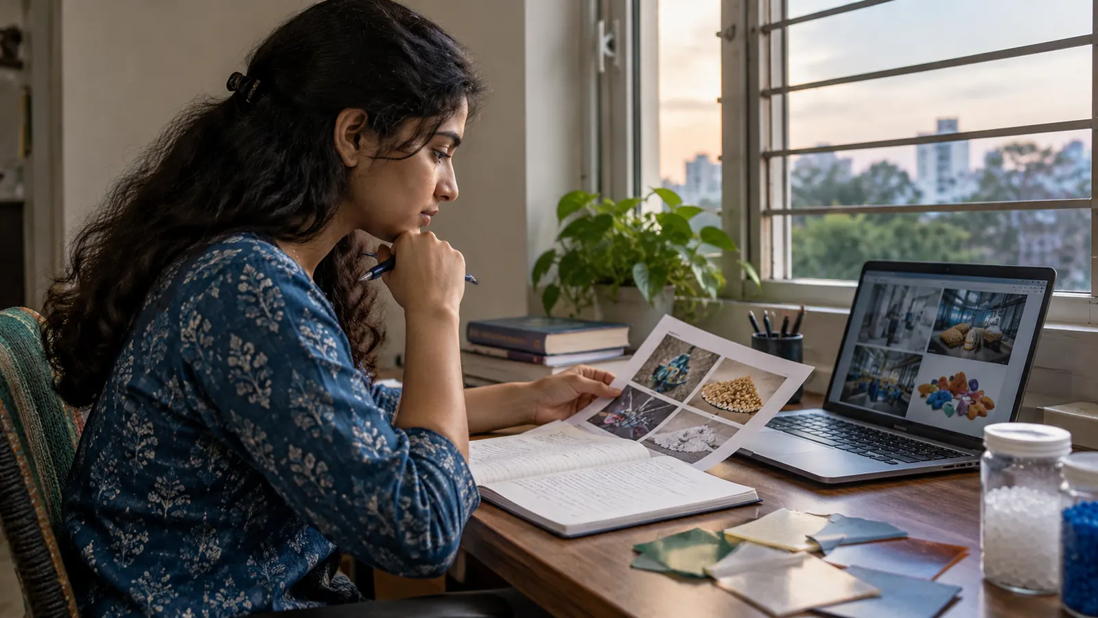 Indian student comparing polymer science course notes and materials at a quiet study desk